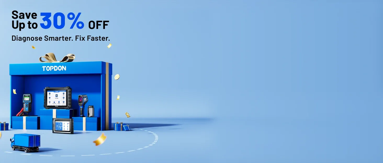 Promotional graphic for TOPDON diagnostic tools showing a blue gift-box display with multiple scanners and tablets, alongside the text 'Save Up to 30% OFF' and 'Diagnose Smarter. Fix Faster.'